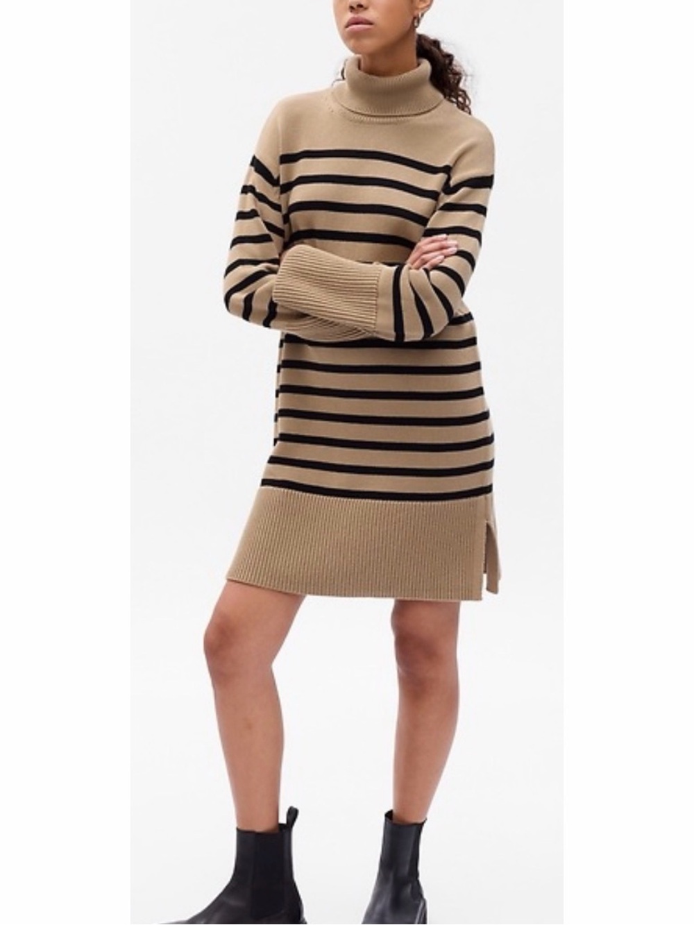 GAP Turtleneck Stripe Sweater Cotton Dress Tan